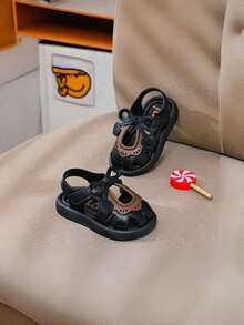 可爱水钻蝴蝶结露趾女童凉鞋，透气沙滩度假凉鞋 - 黑色 - 查看 2