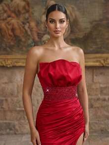 Smilprince 女士无袖红色梭织面料派对连衣裙，无肩带领口，高开衩设计 - 酒紅色 - 查看 1