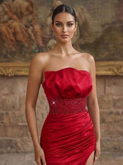 Smilprince Women's Sleeveless Red Woven Fabric Party Dress, Strapless Neckline, Thigh-High Slit