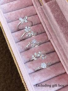 5pcs Fashionable Luxury Delicate Flower, Leaf, Butterfly Cubic Zirconia Adjustable Rings Set, Suitable For Casual, Party, Holiday Wear (No Gift Box) - Silver - View 10