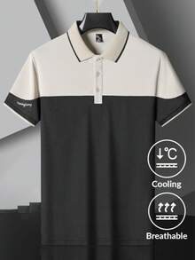 男士拼色短袖翻領 Polo 衫，夏季戶外運動休閒服，送給朋友、丈夫、男朋友和父親的禮物 - 黑色 - 查看 2