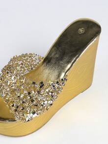Women's Wedge Sandals, Thick Sole, Rhinestone Decor, Plus Size Fashion Slippers - Gold - View 9