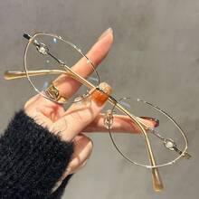 1 Pair Women's Oval Metal Frame Glasses, Cute Academic Style Decorative Non-Prescription Glasses - Multicolor - View 7