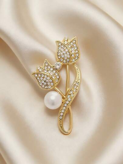 1pc Romantic Tulip Brooch With Full Diamonds, Vintage Gold Flower Brooch Adorned With Pearls, Elegant Clothing Accessory, Gold Tulip Brooch With Diamonds, Understated Luxury Pearl And Floral Accessory, Versatile Brooch For Women's Dresses And Suits, French Elegance Flower Brooch, Decorative Corsage For Suits And Coats.