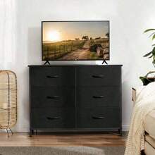 Sweetcrispy Dresser Bedroom 6 Drawers Wide Fabric Storage Units Chest Of Drawers Bedroom With Metal Frame And Wooden Top TV - 黑色 - 查看 4
