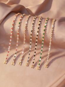 女士金色网球手链套装 - 粉玫瑰、绿色、红色宝石、红色、蓝色、黑色宝石手链，低过敏性，适合敏感肌肤，生日、周年纪念日礼物 - 彩色 - 查看 2