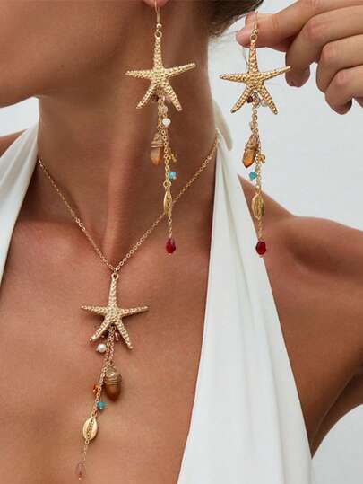 1 pieza/1 pieza Pendientes/Collar con colgante de estilo de playa con forma de estrella de mar y medusa con borlas, adecuado para vacaciones, fiestas, regalo de vacaciones