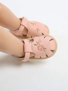Infant/Toddler Girls' PU Leather Soft Bottom Open Toe Floral Princess Flat Sandals, Summer - Pink - View 11