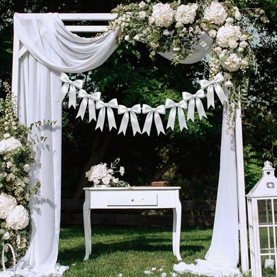 1pc 2M Pink Bow Party Decorative Banner,8 Swallowtail Bows,Strung Satin Ribbon Ornaments For Birthday,Bachelorette Party,Bridal Shower, Wedding,Engagement,Baby Shower, Graduation Deco,Anniversary Fireplace, Wall Decoration.