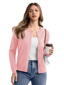 Women's Knit Cardigan Sweater Casual Lightweight Crew Neck Long Sleeve Open Front Cardigan - Baby Pink - View 2