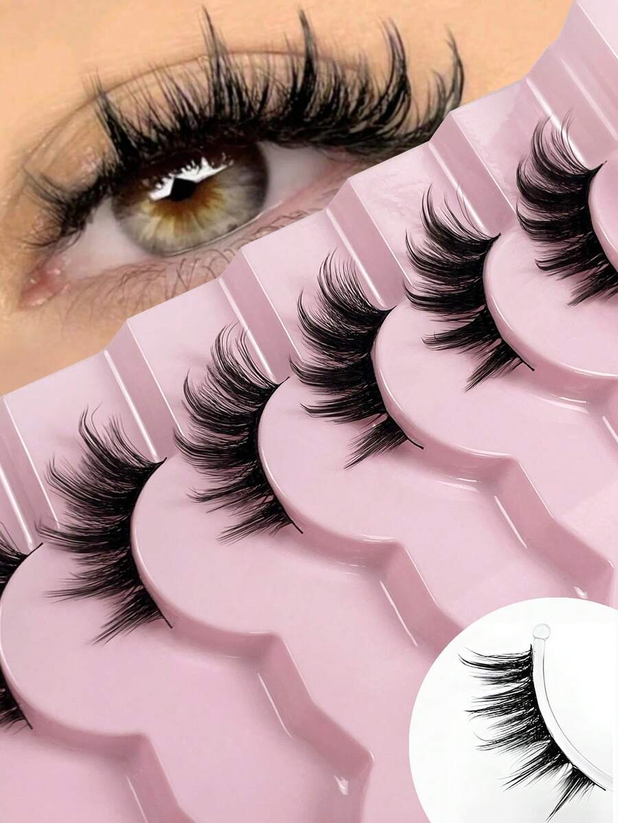 7 Pairs Natural Look Half-Lash False Eyelashes, Fluffy Soft Cat Eye Style, Thin Black Lash Strips, Eyelash Extensions