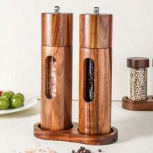 2pcs Acacia Wood Pepper Grinder Set, Acrylic & Solid Wood Transparent Pepper & Salt Grinder Bottles, Party Supplies, Home Dinner - Brown - View 1