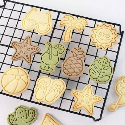8 Khuôn làm bánh quy chủ đề bãi biển mùa hè kiểu Hawaii - Hình chim hồng hạc, kính thời trang, cây dừa, sao biển, vỏ sò, dưa hấu