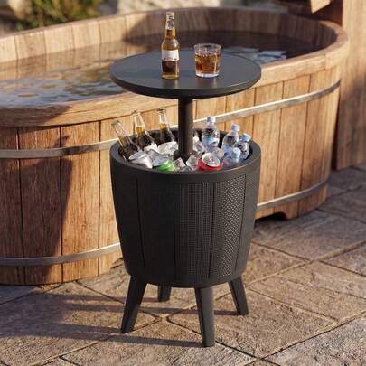  COSTWAY Outdoor Cool Cocktail Bar Table, 10 Gallon Beer & Wine Cooler With Lift-Top & Drainage Plug, All-Weather Resistant Hot Tub Side Table Patio Furniture For Pool, Deck & Camping, Black