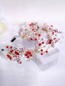 1pc Elegant Alloy Butterfly & Resin Flower Headband, Versatile Bridal Wedding Headpiece, Suitable For Daily, Holiday, Party, Prom Hair Accessory Hair Band Hair Hoop,Summer,Travel - Red - View 4