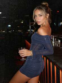 女士优雅露肩半透明迷你连衣裙，适合春夏度假和派对晚宴 - 寶藍色 - 查看 1