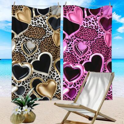 Bộ 2 khăn tắm biển hình trái tim in họa tiết da báo, khăn tắm biển cỡ lớn chất liệu sợi siêu mịn in họa tiết da báo thời trang dành cho các cặp đôi, khăn tắm biển thấm hút nước nhanh khô và chống cát - Hoàn hảo cho bãi biển, du lịch, bơi lội, hồ bơi, yoga, leo núi, cắm trại - Nhẹ, nhanh khô, nhỏ gọn, phù hợp cho người lớn sử dụng (in phẳng 2D)