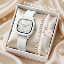 3pcs Fashionable, Simple And Versatile Women's Quartz Watch, Round Dial, Casual And Versatile, Paired With Diamond Studded Heart-Shaped Jewelry Bracelet Set, Suitable For Holidays And Daily Wear - White - View 6