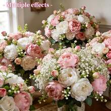 Bó hoa giả hỗn hợp 22/610 bông hoa mẫu đơn, hoa mẫu đơn trắng và hồng, hoa baby's breath - Dùng để trang trí nhà cửa, làm đạo cụ chụp ảnh, trang trí đám cưới, bó hoa cô dâu, ngày lễ tình nhân, trang trí ngày lễ, hoa giả, trang trí mùa xuân. - Nhiều màu - Xem 1