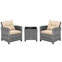 3PCS Patio Rattan Furniture Bistro Set Cushioned Sofas Side Table Armrest Beige - 米色 - 查看 8