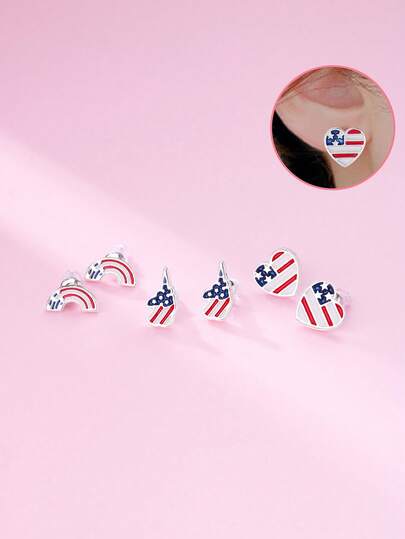 3 Pairs Kids' Fashionable Cartoon 4th Of July Zinc Alloy Rainbow, Unicorn, Heart Stud Earrings Set, Suitable For Daily And Holiday Wear