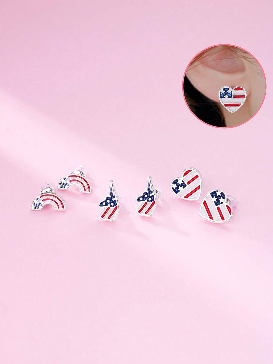 3 Pairs Kids' Fashionable Cartoon 4th Of July Zinc Alloy Rainbow, Unicorn, Heart Stud Earrings Set, Suitable For Daily And Holiday Wear - Multicolor - View 1