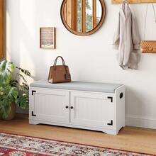 2-Tier Shoe Storage Bench, 39.4" W Shoe Bench With Padded Seat Cushion, Entryway Bench With Handles, 2 Doors, Adjustable Shelf For Living Room, Bedroom, Front Door, Hallway, Closet - White - White - View 9