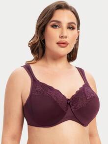 MELENECA Women Plus Size Full Coverage Wireless Lace Comfort Padded Bra - Red Violet - View 4
