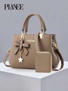 PLANEE 2件套女士纯色手提包和卡包，PU材质，蝴蝶吊坠，适合日常休闲、购物、商务通勤、上学等场合，便携，经典休闲，商务休闲风格，适合少女、女性、大学生、白领、学生、办公室、小学生等。 - 卡其色 - 查看 1