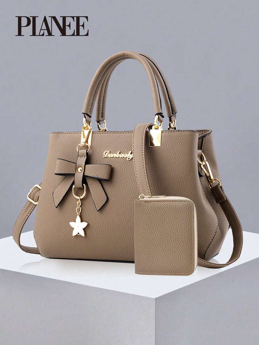 PLANEE 2件套女士纯色手提包和卡包，PU材质，蝴蝶吊坠，适合日常休闲、购物、商务通勤、上学等场合，便携，经典休闲，商务休闲风格，适合少女、女性、大学生、白领、学生、办公室、小学生等。 - 卡其色 - 查看 1