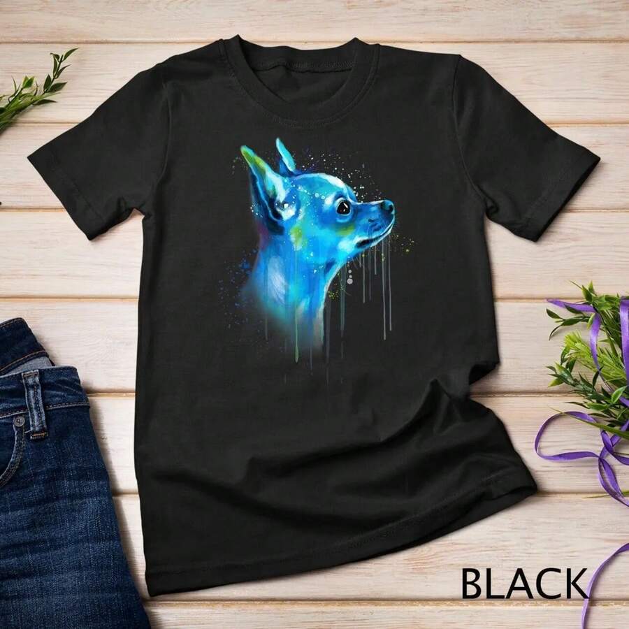 Cute Chihuahua Watercolor Painting Art T Shirt - 黑色 - 查看 1