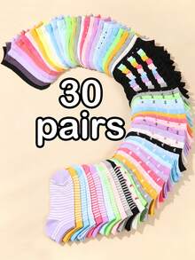 30双儿童短袜：糖果色、蕾丝蝴蝶结、爱心图案、条纹，柔软舒适，休闲百搭，学生袜 - 适合日常穿着，颜色随机混装 - 彩色 - 查看 6