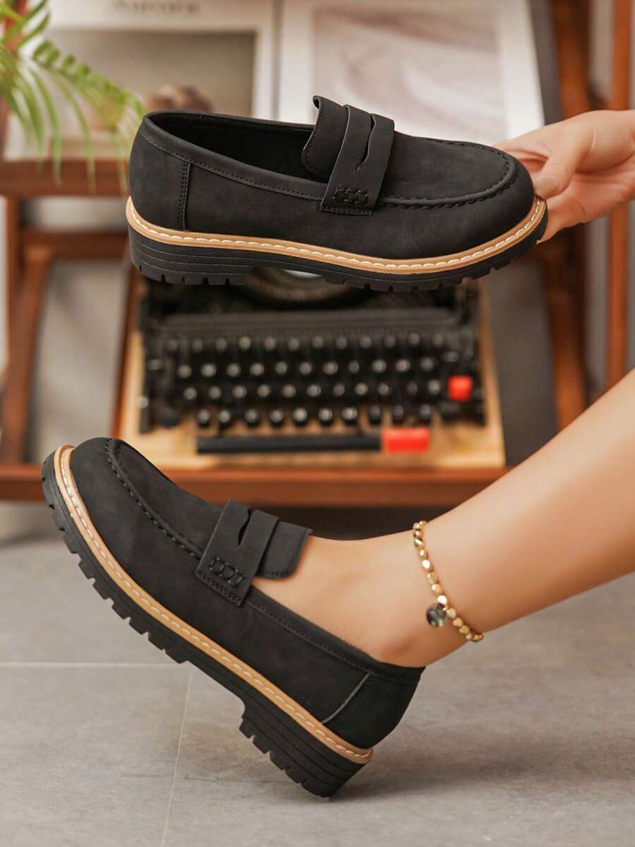 2026 Spring New Thick Sole Casual Loafers - Plus Size Women Shoes, Comfortable Versatile Platform Shoes, Retro Slip-On For Commuting - Black - View 1