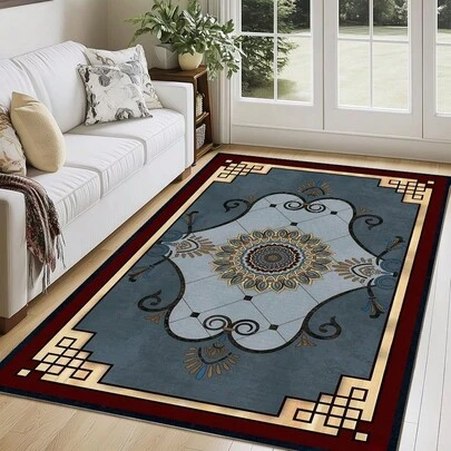 1pc Vintage Luxurious Blue, Gray, Red & Gold Mandala Pattern Carpet. Velvet Fabric, Approx. 850g Weight, 0.6cm Thickness. Wear-Resistant, Anti-Slip, Easy To Clean. Available In Multiple Sizes. Suitable For Kitchen/Living Room/Dining Room/Bedroom/Balcony/Bathroom/Study. Perfect Home Decor Choice.