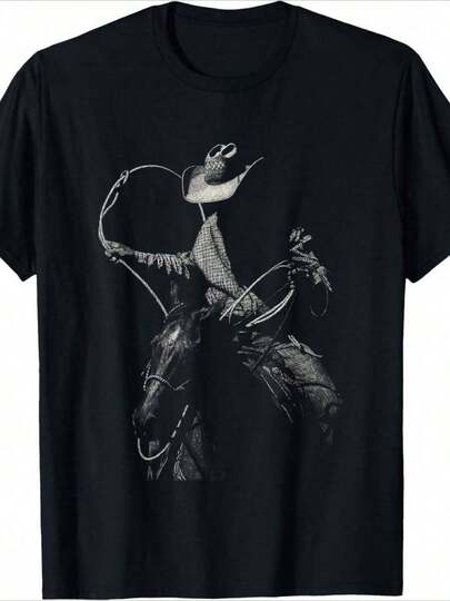 Camiseta Vaquera para Hombre - Diseño de Caballo Levantando Cuerda en Negro - Camiseta Casual Resistente para Rodeo y Eventos Vaqueros - Ropa para Adultos, Accesorios Vaqueros, Vestimenta para Eventos de Rodeo 2LB9