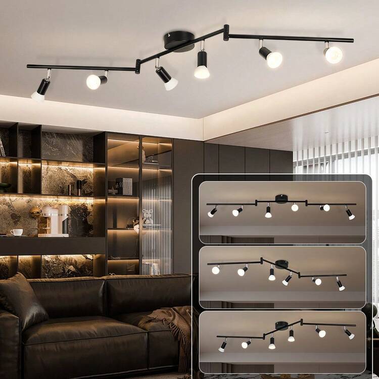 CANMEIJIA 6-Light Black Track Lighting Kit – Modern Semi-Flush Mount Ceiling Light With Adjustable Heads, Perfect For Kitchen, Living Room, Bedroom, Or Hallway
