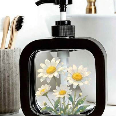 创意浴室洗液瓶，带手动按压泵头 - 盛开的雏菊，清新自然设计，适用于浴室、厨房、水槽 - 可盛装洗手液、沐浴露等 - 创意乳液瓶、乳液分配器、分配器、浴室配件