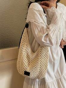 Túi đeo vai dệt rỗng một bên kiểu mới năm 2025, túi xách cỡ lớn tiện dụng cho kỳ nghỉ. - màu đen - Xem 4