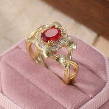 Luxury Copper Crafted Maple Leaf Ring, Inlaid With Red Synthetic Zirconia Stone, Best Companion For Women's Daily Wear - Gold - View 1