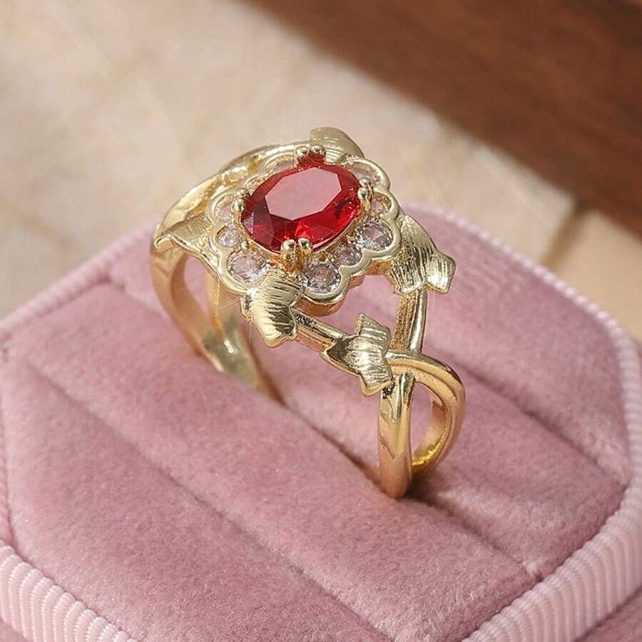 Luxury Copper Crafted Maple Leaf Ring, Inlaid With Red Synthetic Zirconia Stone, Best Companion For Women's Daily Wear - Gold - View 1