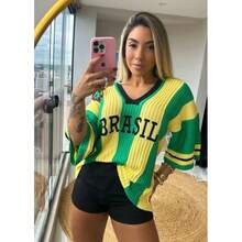 Brazil Crochet Blouse, World Cup Shirt, Brazilian National Team, Embroidered, Fits Sizes P To Plus Size, Premium Quality Material - Xanh lá và vàng - Xem 4