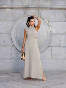 Women's Long Tailored Dress, High Neck, Side Slit, Side Opening Detail, Comfortable, With Pockets, Elegant - 沙 - 查看 1