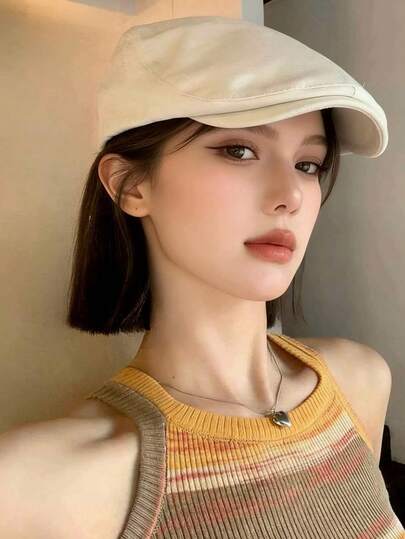 新款春夏百搭女士欧美风双面贝雷帽，纯色简约前向帽，大帽檐修饰脸型，复古时尚艺术家/报童帽，沙滩度假必备