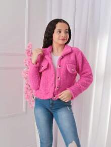 Girls' And Teenagers' Short Cropped Teddy Furry Jacket, Open Button Coat, Autumn And Winter (BINF509) - Rosa Fucsia - Ver 2