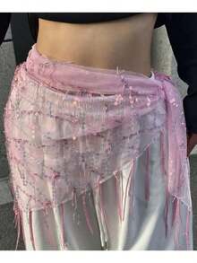 1pc Women's Belly Dance Costume Sequin Tassel Triangle Belly Dance Hip Scarf Women's Thai//Arabic Dance Skirt Belt - 粉色 - 查看 2