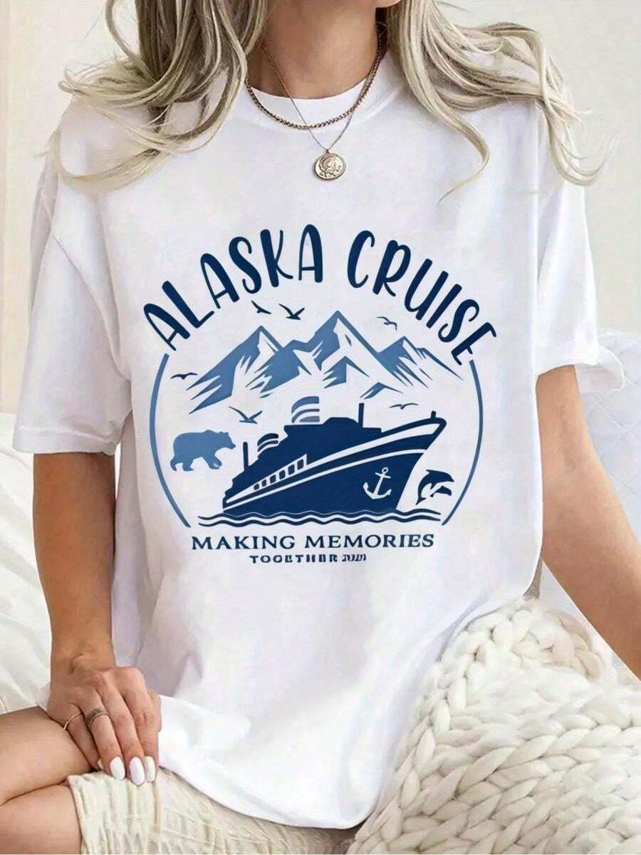 Women's Alaska Cruise Vacation Graphic Tee - Royal Blue Travel Shirt With Alaska Cruise Text - Soft Medium Stretch Fabric - Relaxed Fit Cruise Ship & Mountain Design - Washable Vacation Outfit Women - All-Season Casual Top,220g High-Quality Pure Cotton T-Shirt With Minimalist Printing, Soft And Breathable Fabric, Comfortable And Loose, Suitable For All Day Wear, Suitable For Office Casual Wear, Spring And Summer Daily Appearance, Elegant And Youthful Design Ropa De Hombre - trắng - Xem 1