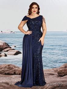 BluePlum Elastic Plus Size Elegant Sequin Embroidery Patchwork Asymmetric Neck Tassel Ruffle Beaded Mermaid Maxi Vintage Formal Gown For Cocktail Wedding Fall - Navy Blue - View 7