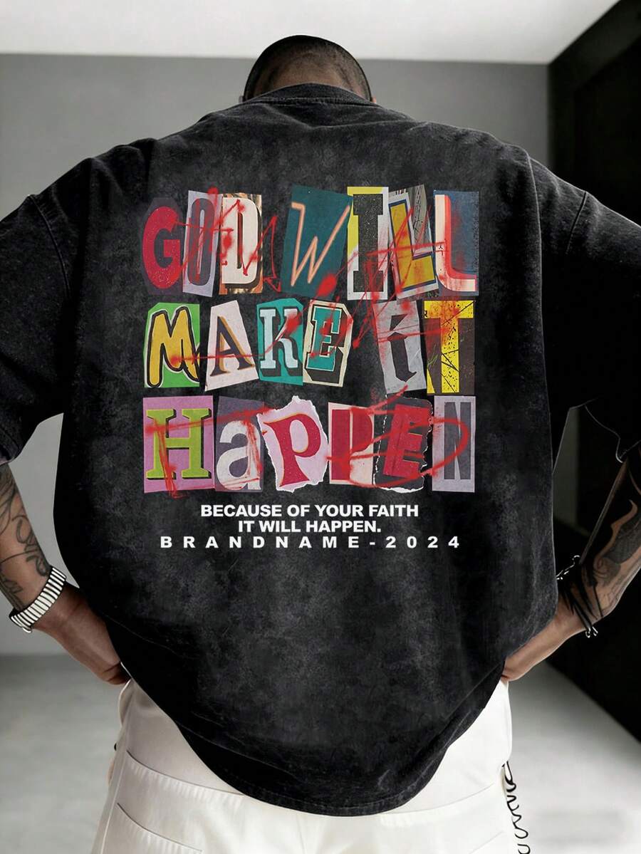 Zrgoth 男士休闲百搭简约街头多字母印花水洗短袖T恤 - 黑色 - 查看 1