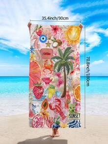 1条海洋热带水果花卉动物印花沙滩巾，海岸复古海报印花沙滩巾，超柔软速干吸水大号沙滩巾，适用于海滩、浴室、游泳、健身、瑜伽、露营，柔软舒适的超细纤维毛巾，轻便防风防晒，夏季旅行防沙，海滩度假必备礼品披肩沙滩巾（单面印花） - 熱帶拼貼插畫 - 查看 9