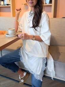 Asymmetric Hem Lace Patchwork T-Shirt In Beige Casual - Beige - View 4